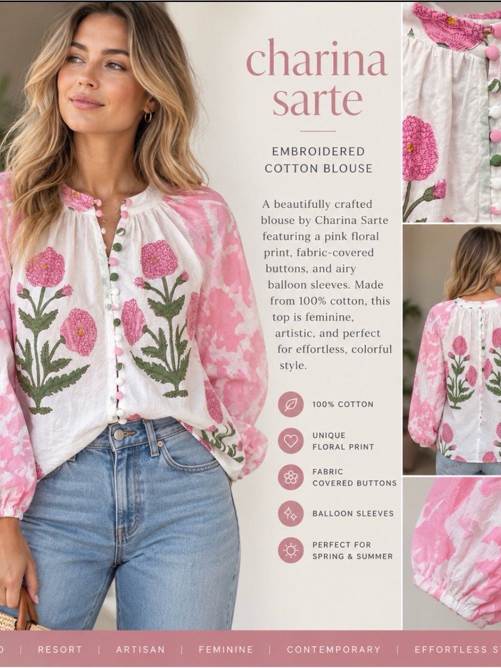 Charina Sarte M Pink Floral 100% Cotton Puff Sleeve Button Front Blouse artisian